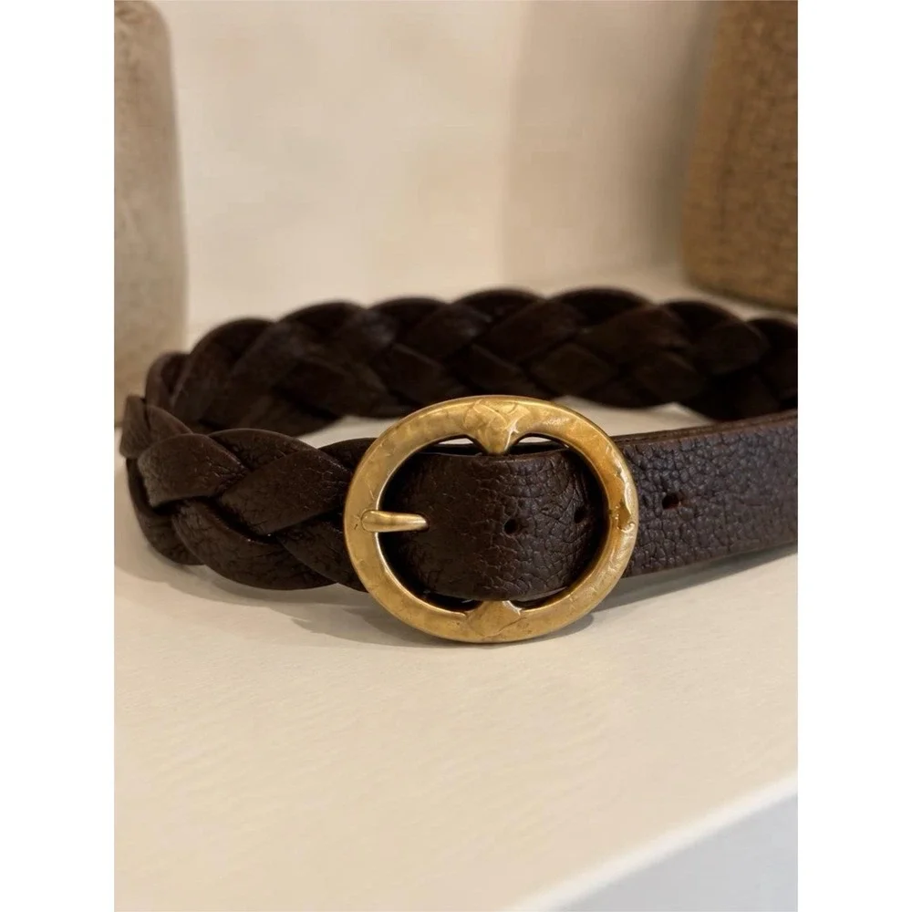 Braided Brown Leather Belt Brass Heart Buckle Size 38 Boho Equestrian Wide